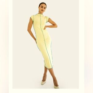 The Line by K Mock Neck Yellow Dress with Light Blue Piping NWOT